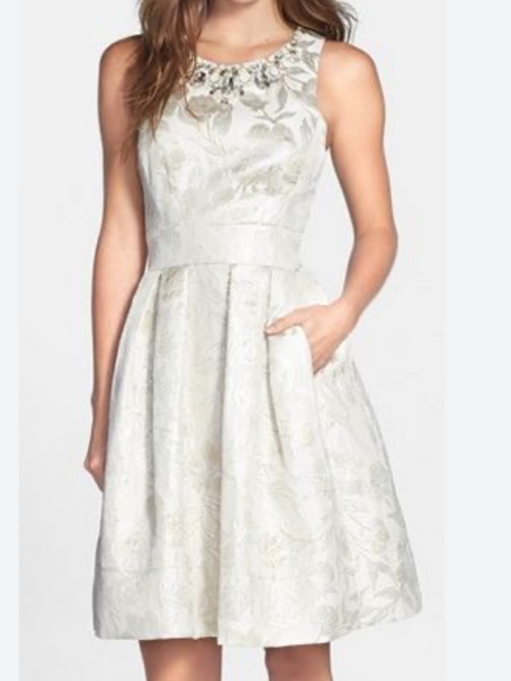 NWOT Eliza J Sz 10 Jewel Embellished Brocade Fit & Flare Dress Cream Gold Thread